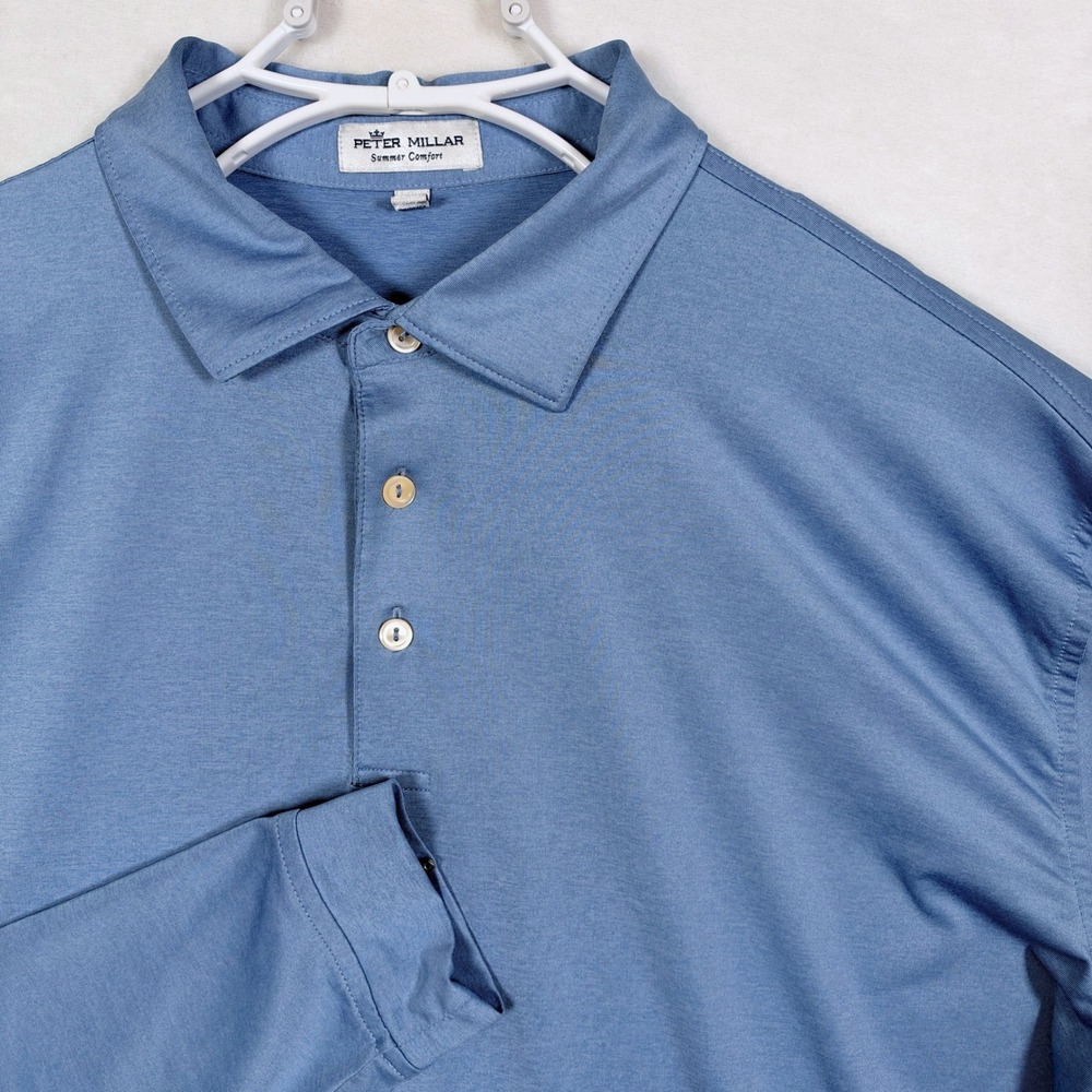 Peter Millar Summer Comfort Blue Long Sleeve Performance Golf Polo Shirt XL